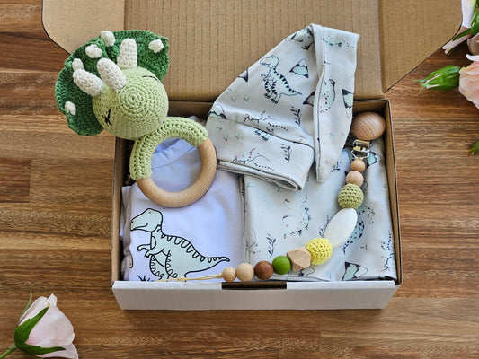 BABY GIFT BOX - Includes 3 piece dinosaur romper set, crocheted dinosaur rattle, beaded pacifier chain