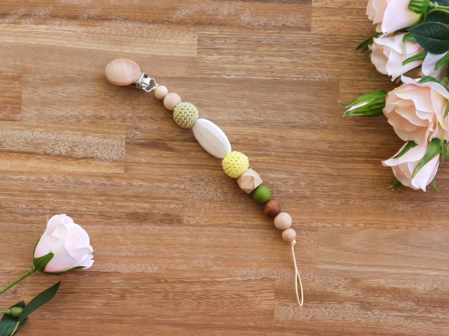 Wood and Silicone Beaded green and yellow pacifier clip