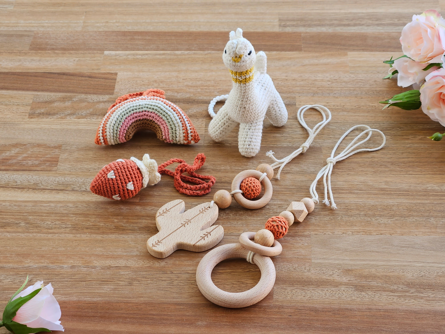 Crochet beige Llama, crochet strawberry, crochet rainbow, 2 wooden hanging toys.