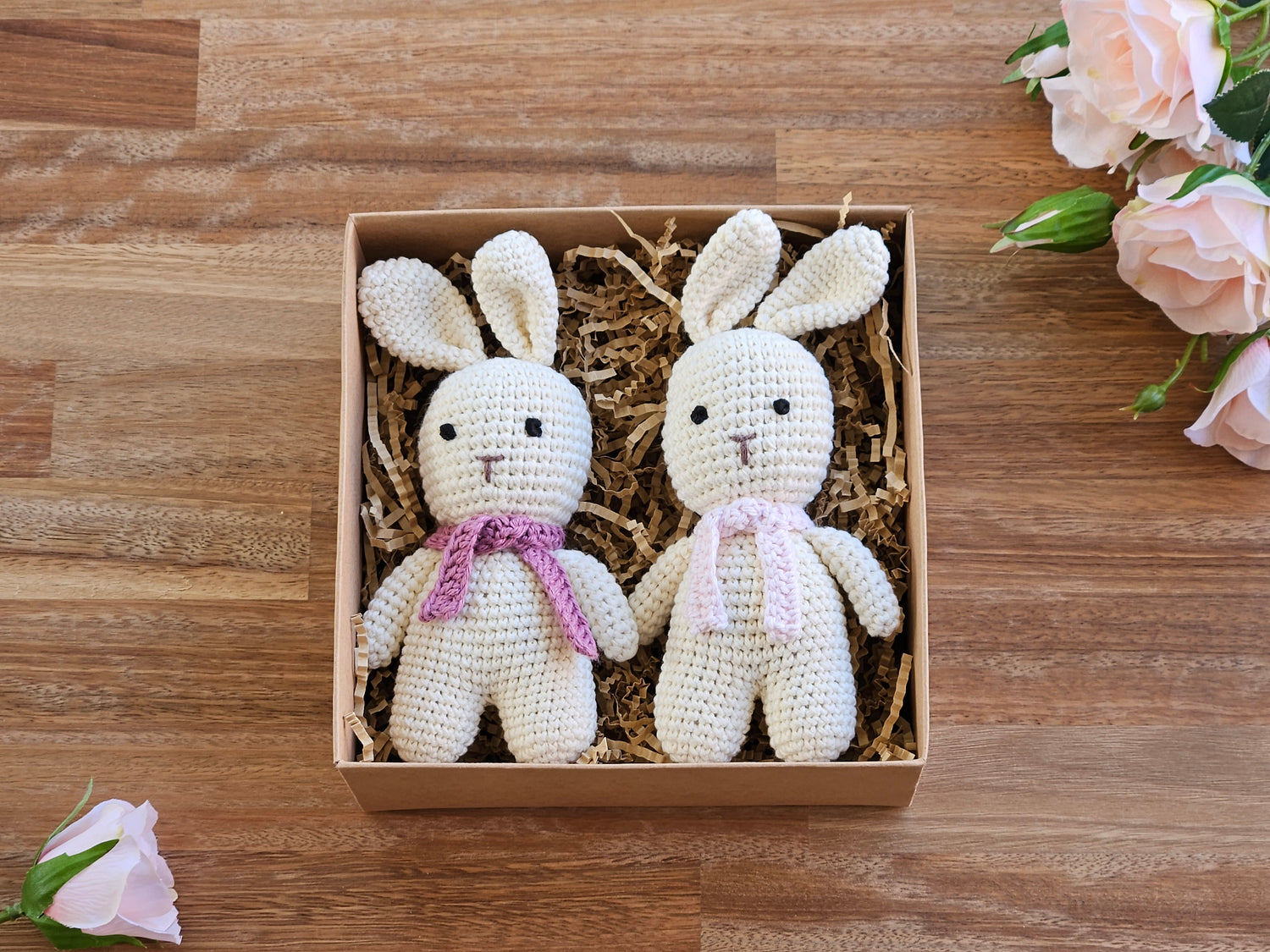 2 Crochet Rabbit toy with scarf. Light pink and dusk pink