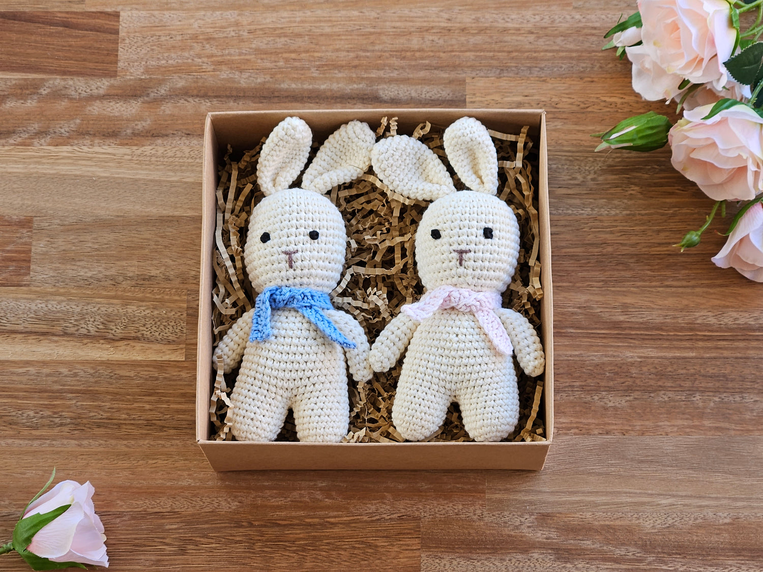 2 Crochet Rabbit toy with scarf. Blue and light  pink