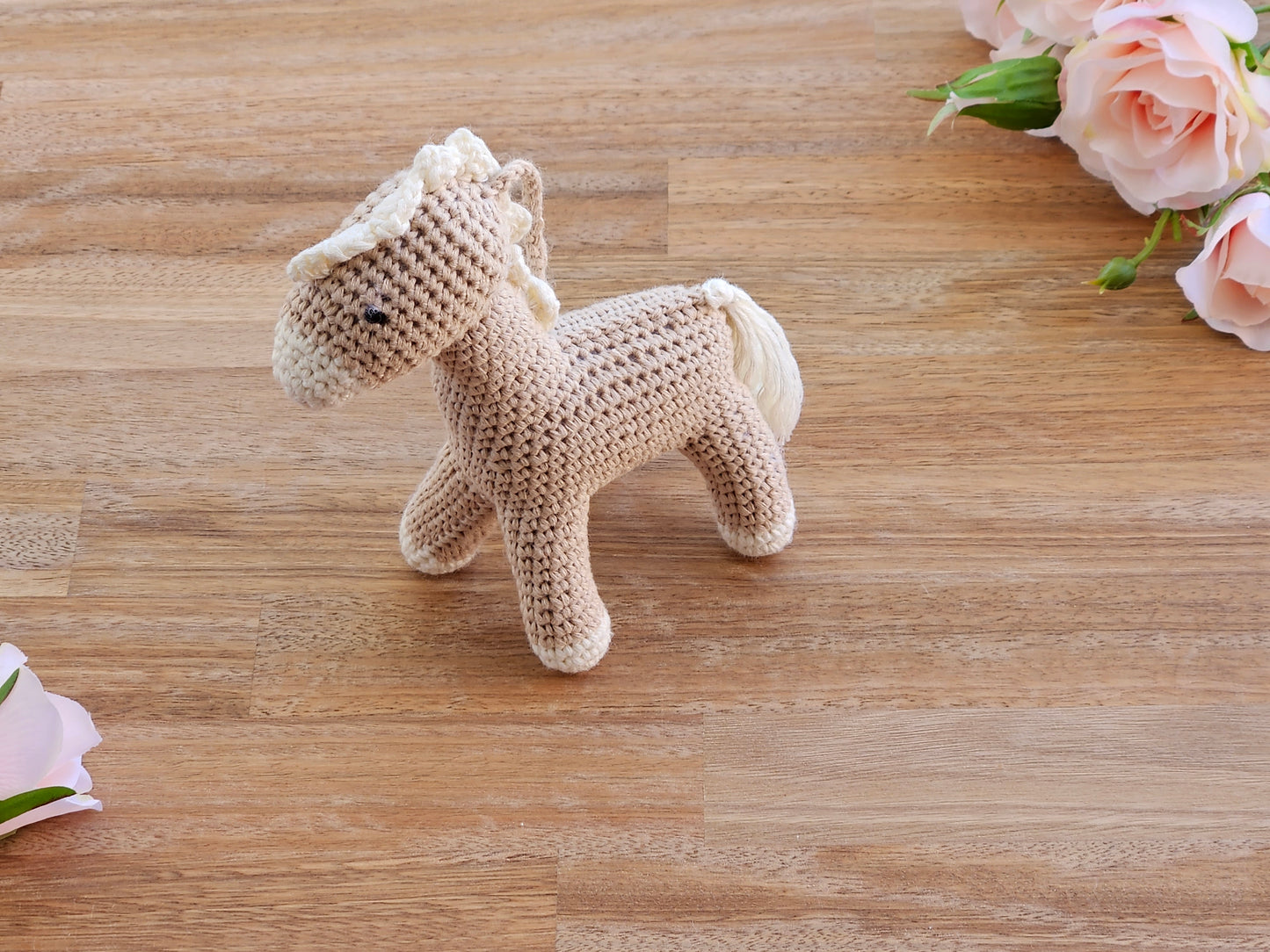 Brown and Beige crochet horse hanging toy