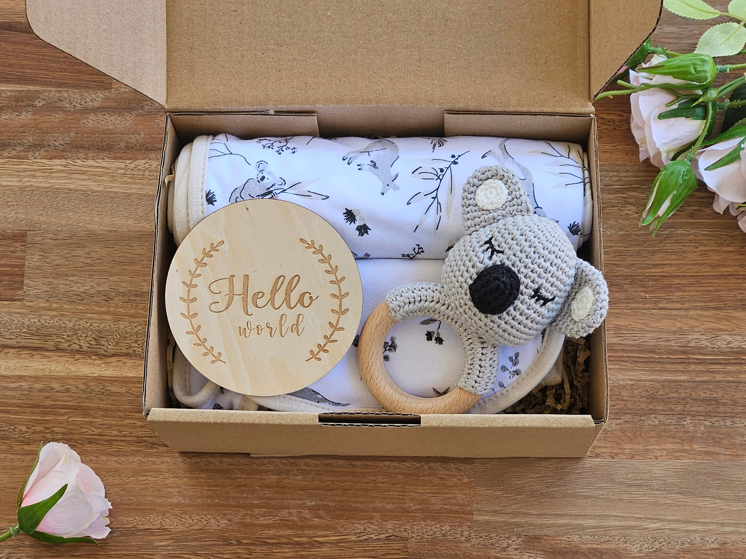 Crochet Koala Rattle with White organic cotton wrap and bid + hello world disc