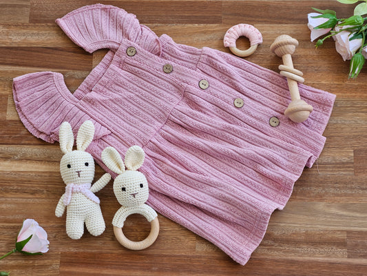 Girls Pink ruffle sleeve dress gift box with rabbit rattle, rabbit toy, Teether ring and wooden rattle toy