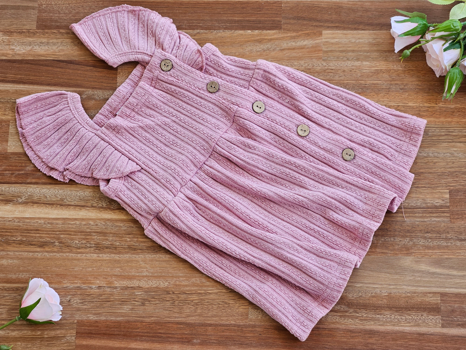 Girls Pink ruffle sleeve dress front