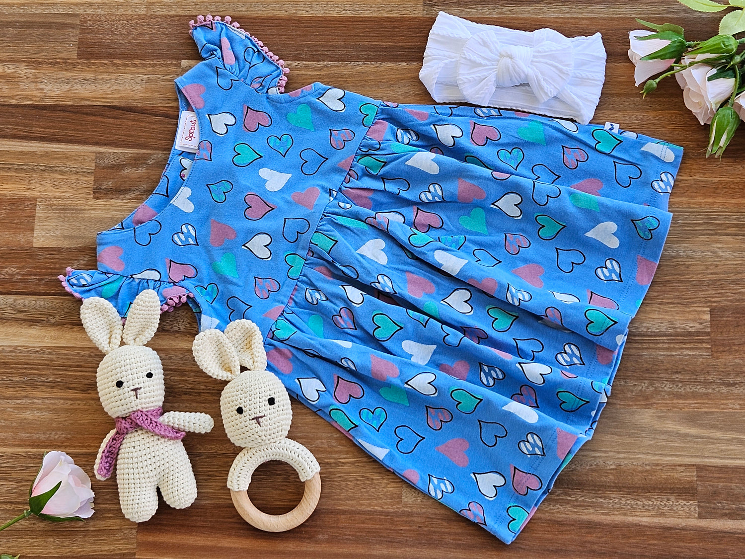 Girls Blue heart dress with rabbit toy, Rattle and white headband