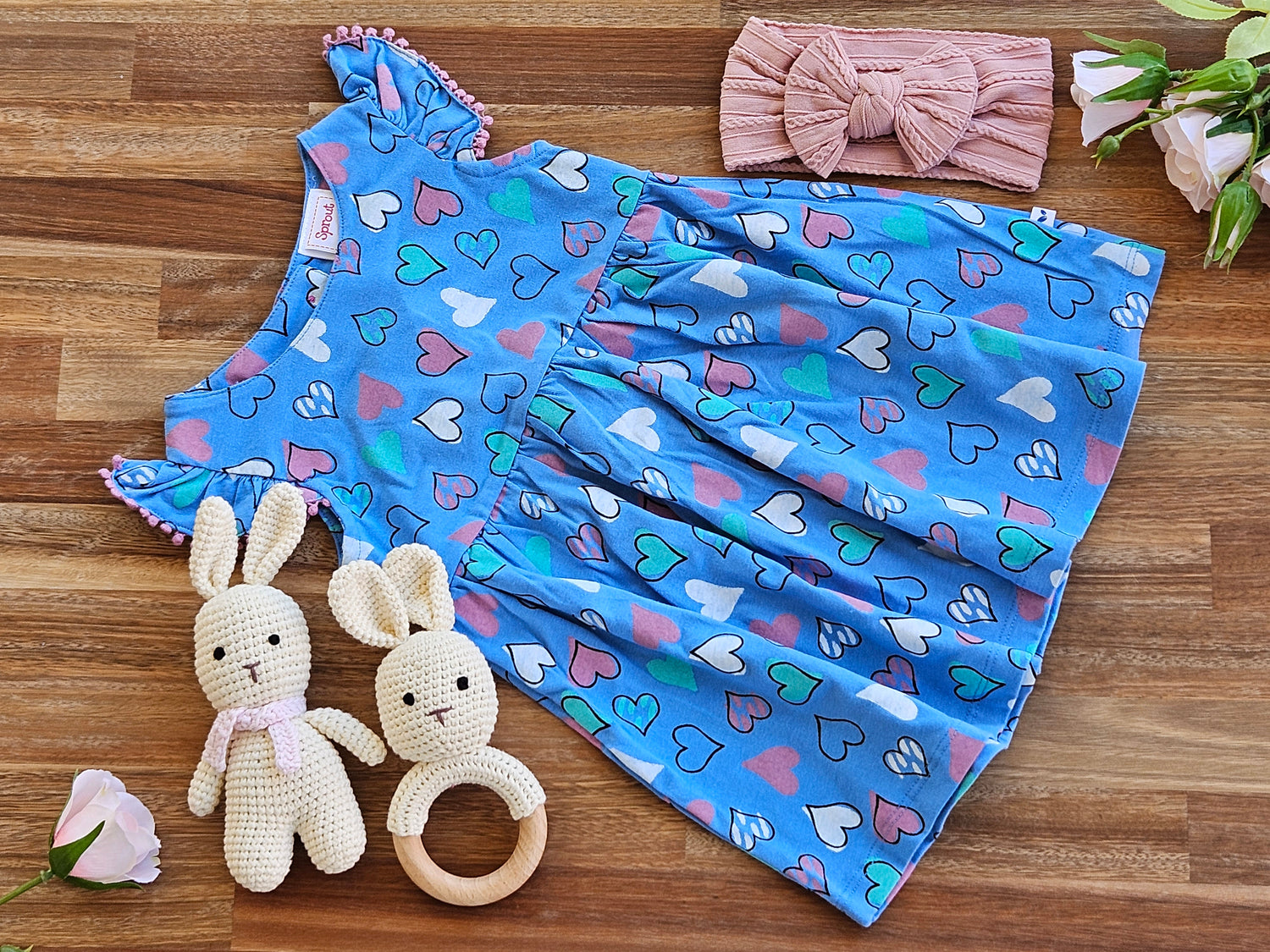 Girls Blue heart dress with rabbit toy, Rattle and Pink headband