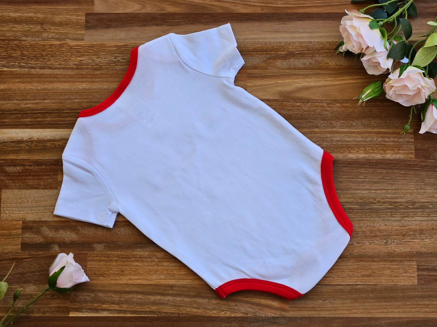 White romper with red trim Back