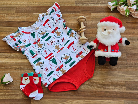 Christmas Gift box includes White and red 2 piece set  with red ruffle nappy cover, Christmas socks, Wooden bar toy and a plush Santa