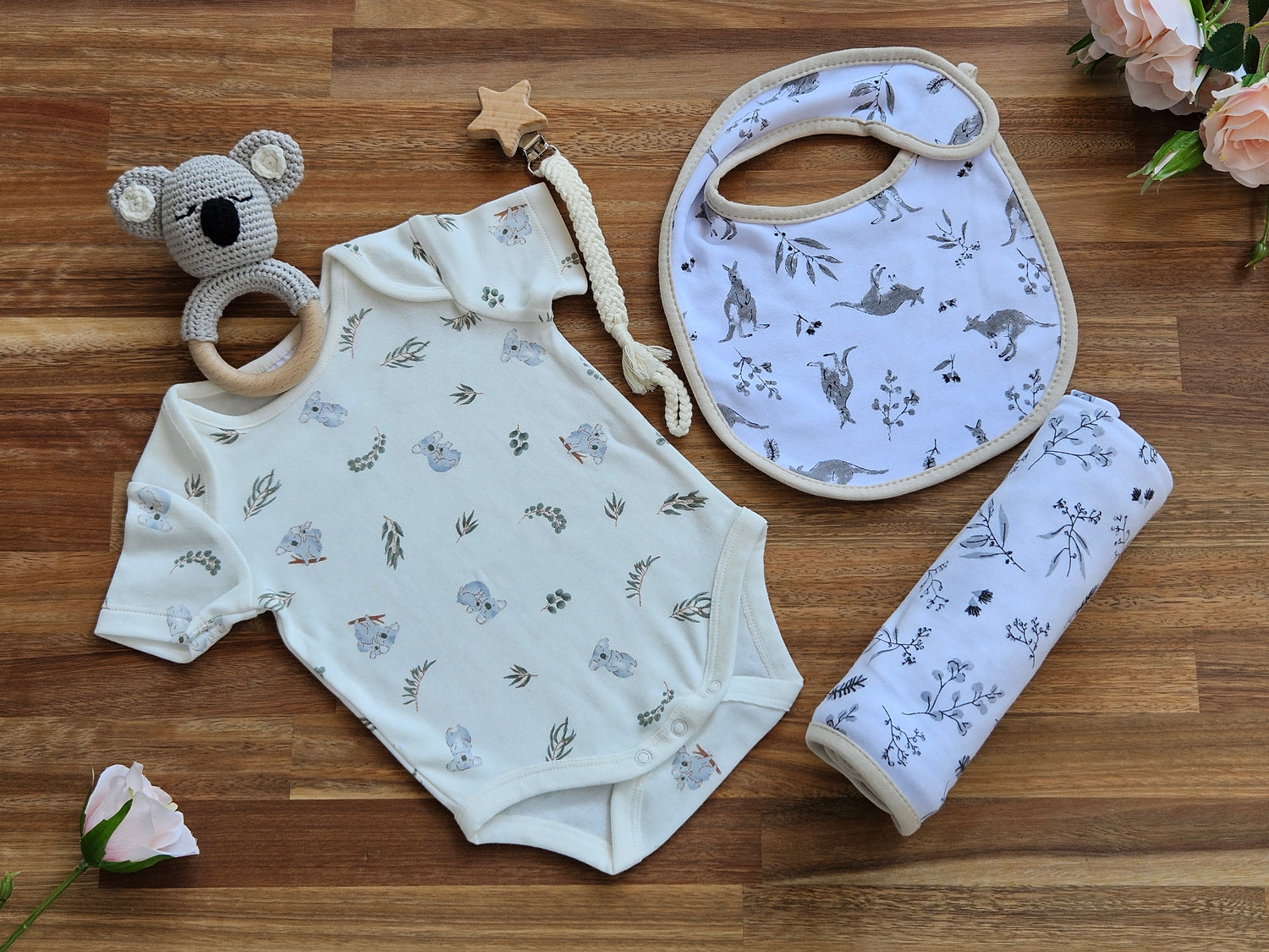 BABY GIFT BOX - Koala romper with aussie fauna bib and wrap, crochet koala rattle, macramé pacifier chain and a hello world disc