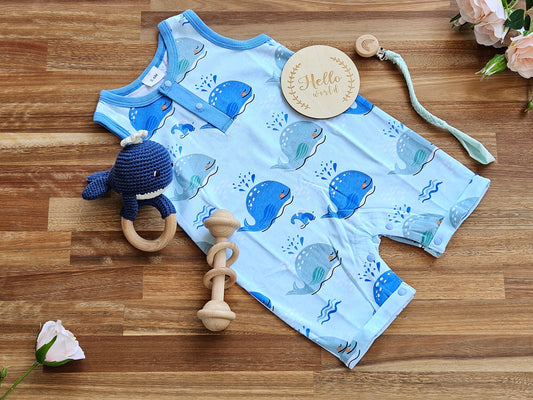 BABY GIFT BOX - Blue whale romper, crocheted whale rattle, wooden bar toy, braided pacifier chain and hello world disc