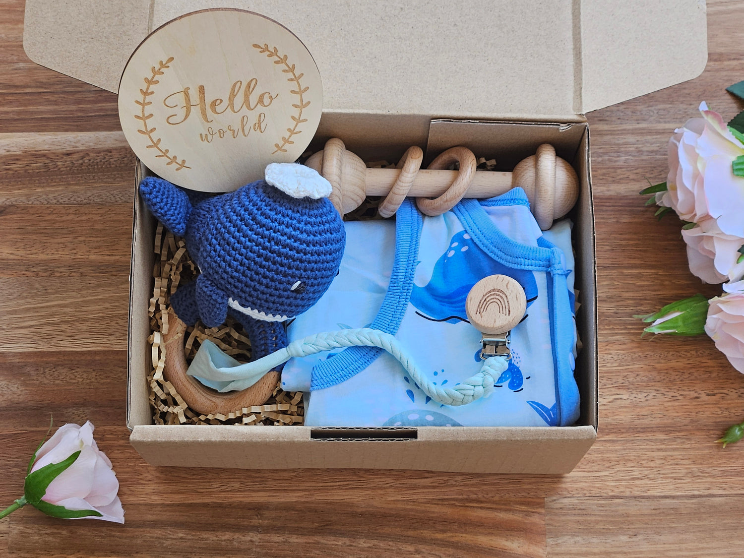 BABY GIFT BOX - Blue whale romper, crocheted whale rattle, wooden bar toy, braided pacifier chain and hello world disc