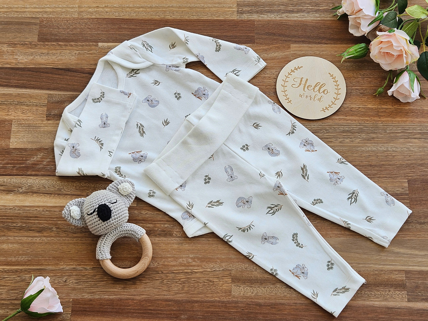  Koala romper with rolled top Koala leggings Koala rattle and Hello world announcement disc