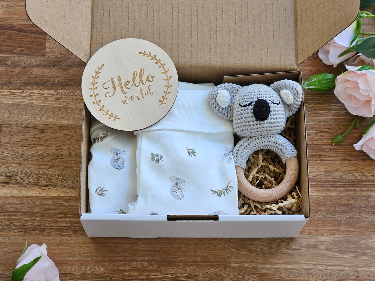 BABY GIFT BOX - Koala romper with rolled top Koala leggings Koala rattle and Hello world announcement disc