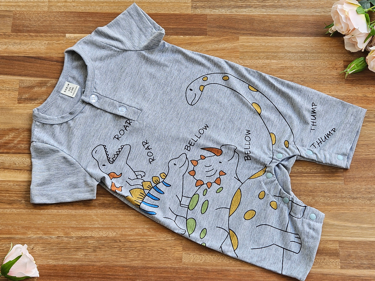 light weight grey dinosaur romper 