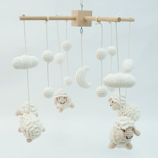 Crocheted Cream and beige sheep mobile, with cream clouds and half moon