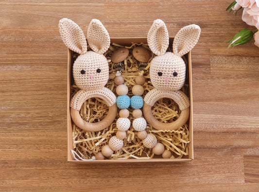 Twin Baby Gift Box / Baby Gift Box, Crochet Rabbit Rattle, Pacifier chain
