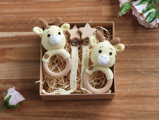 Twin Baby Gift Box / Baby Gift Box Crochet Giraffe Rattle, Macramé Pacifier clip