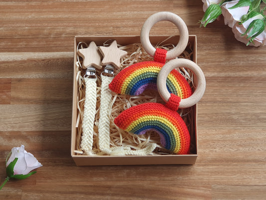 Twin Baby Gift Box / Baby Gift Box Crochet rainbow rattle, Macramé Pacifier chain