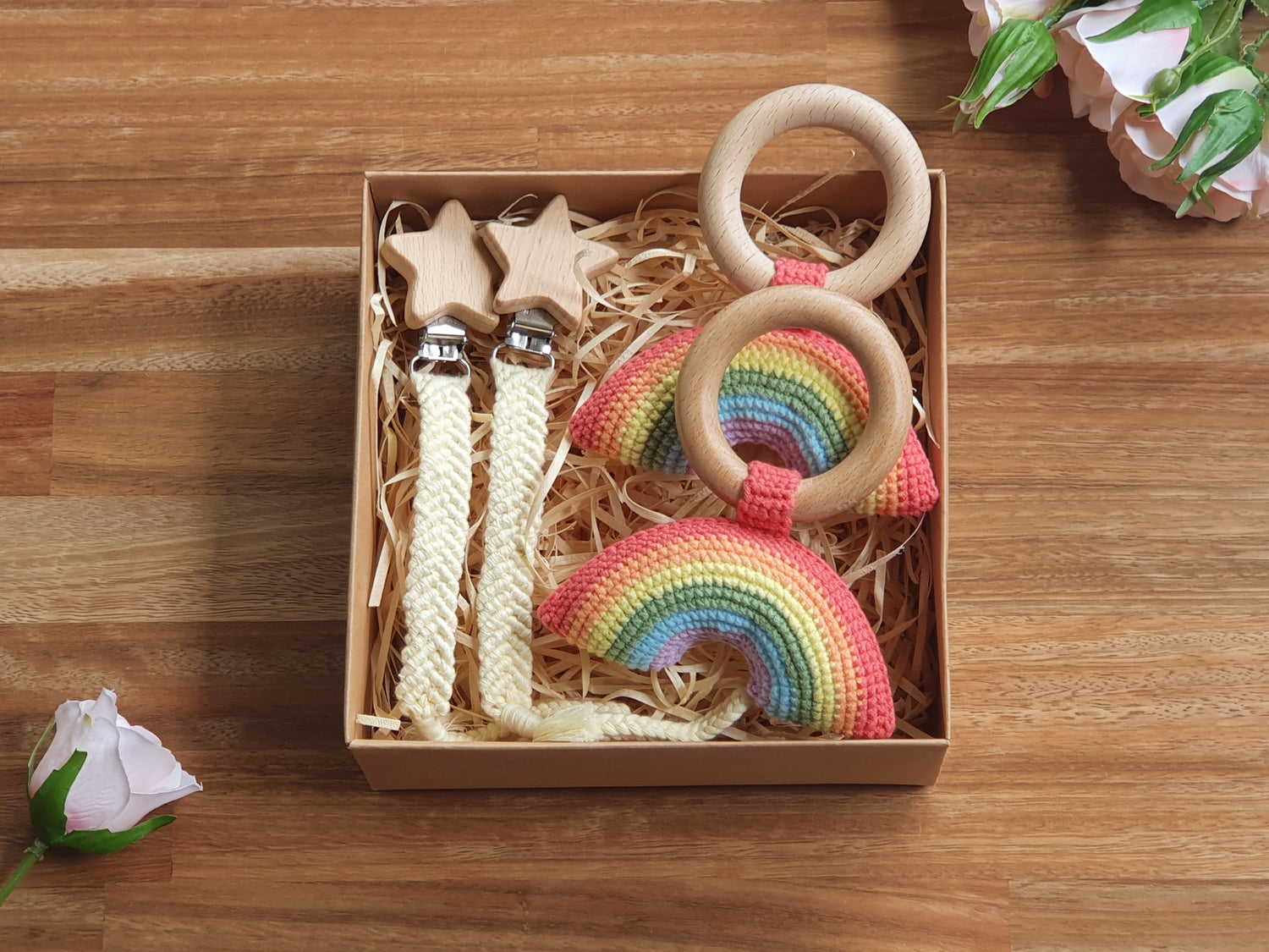 Twin Baby Gift Box / Baby Gift Box Crochet rainbow rattle, macramé Pacifier chain