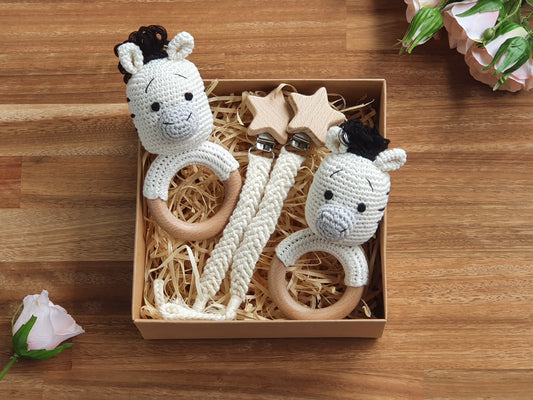 Twin Baby Gift Box / Baby Gift Box, Crochet Zebra Rattle,  Macramé Pacifier Chain