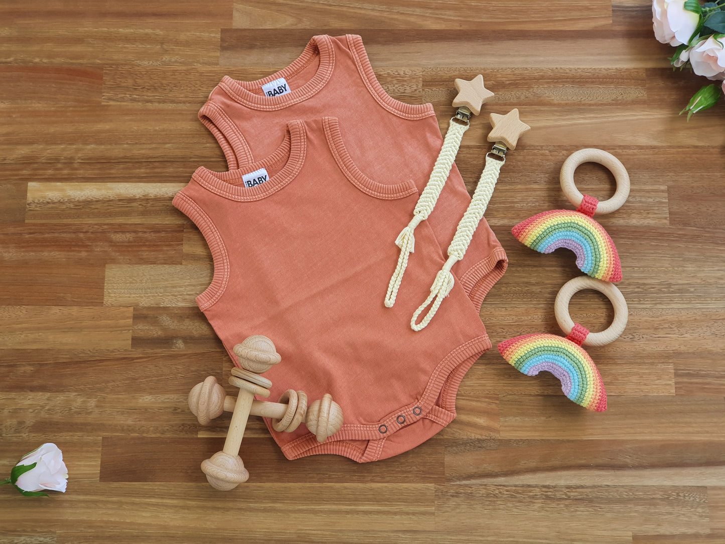 Twin baby rainbow gift box, Salmon romper, crochet rainbow rattle, Macramé pacifier chain, wooden bar toy