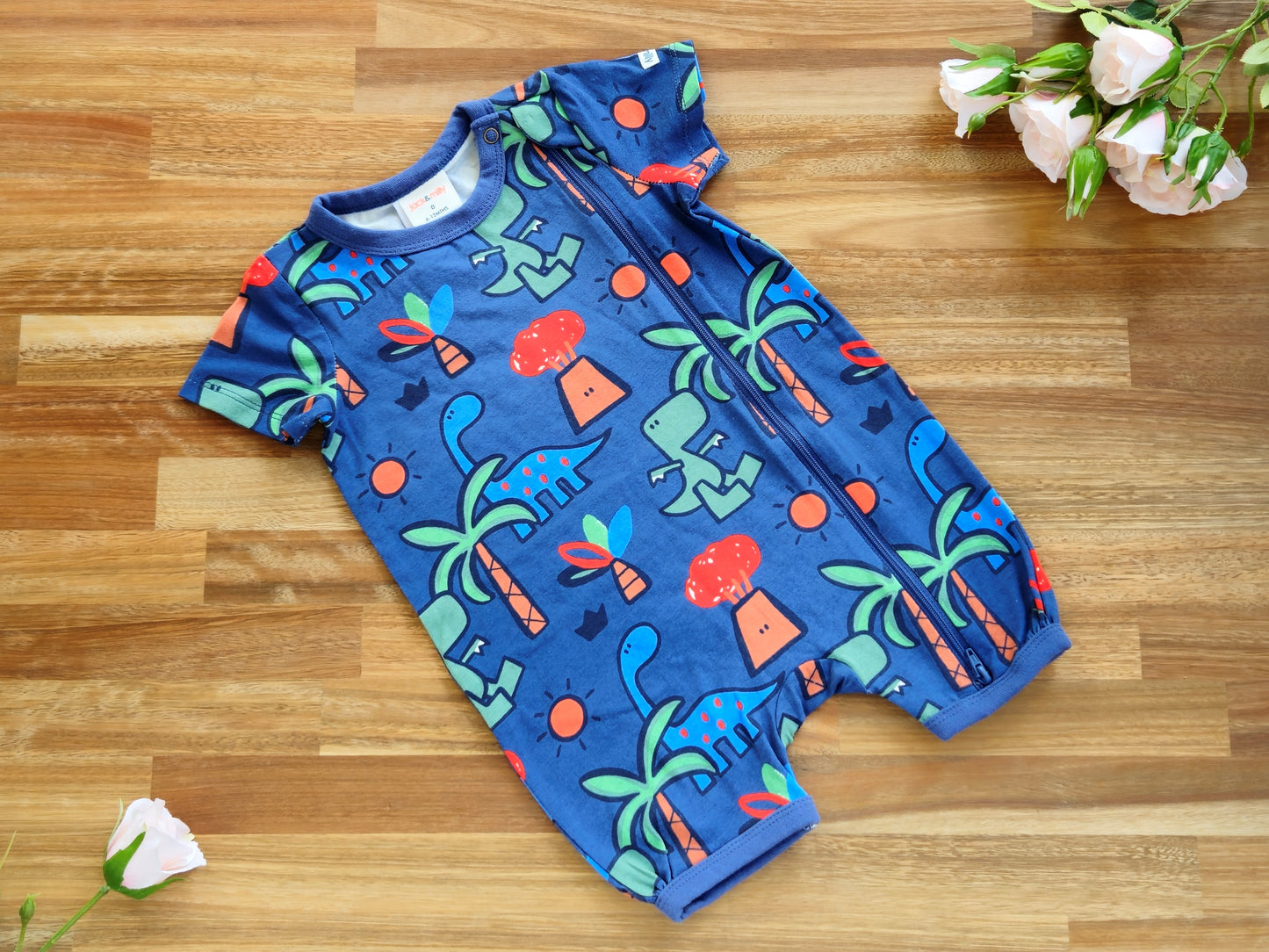 Blue Dinosaur romper front view