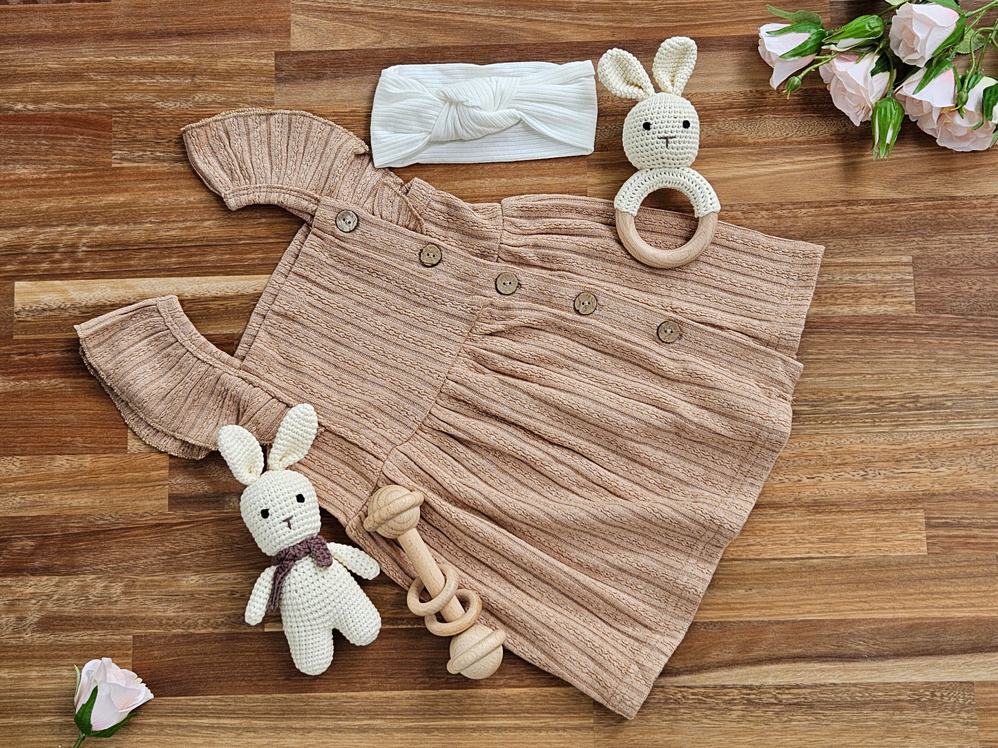 Girls Coffee ruffle sleeve dress  gift box with rabbit rattle, rabbit toy, baby headband and wooden rattle toy